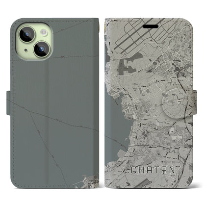 【北谷（沖縄県）】地図柄iPhoneケース（手帳タイプ）モノトーン・iPhone 15 用