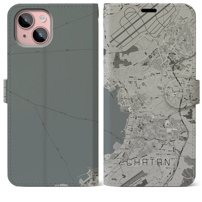 【北谷（沖縄県）】地図柄iPhoneケース（手帳タイプ）モノトーン・iPhone 15 Plus 用