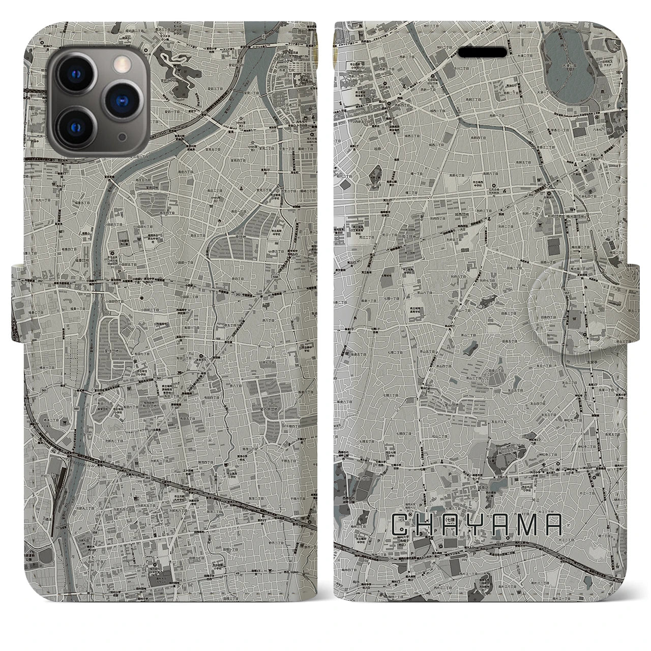 【茶山】地図柄iPhoneケース（手帳両面タイプ・モノトーン）iPhone 11 Pro Max 用