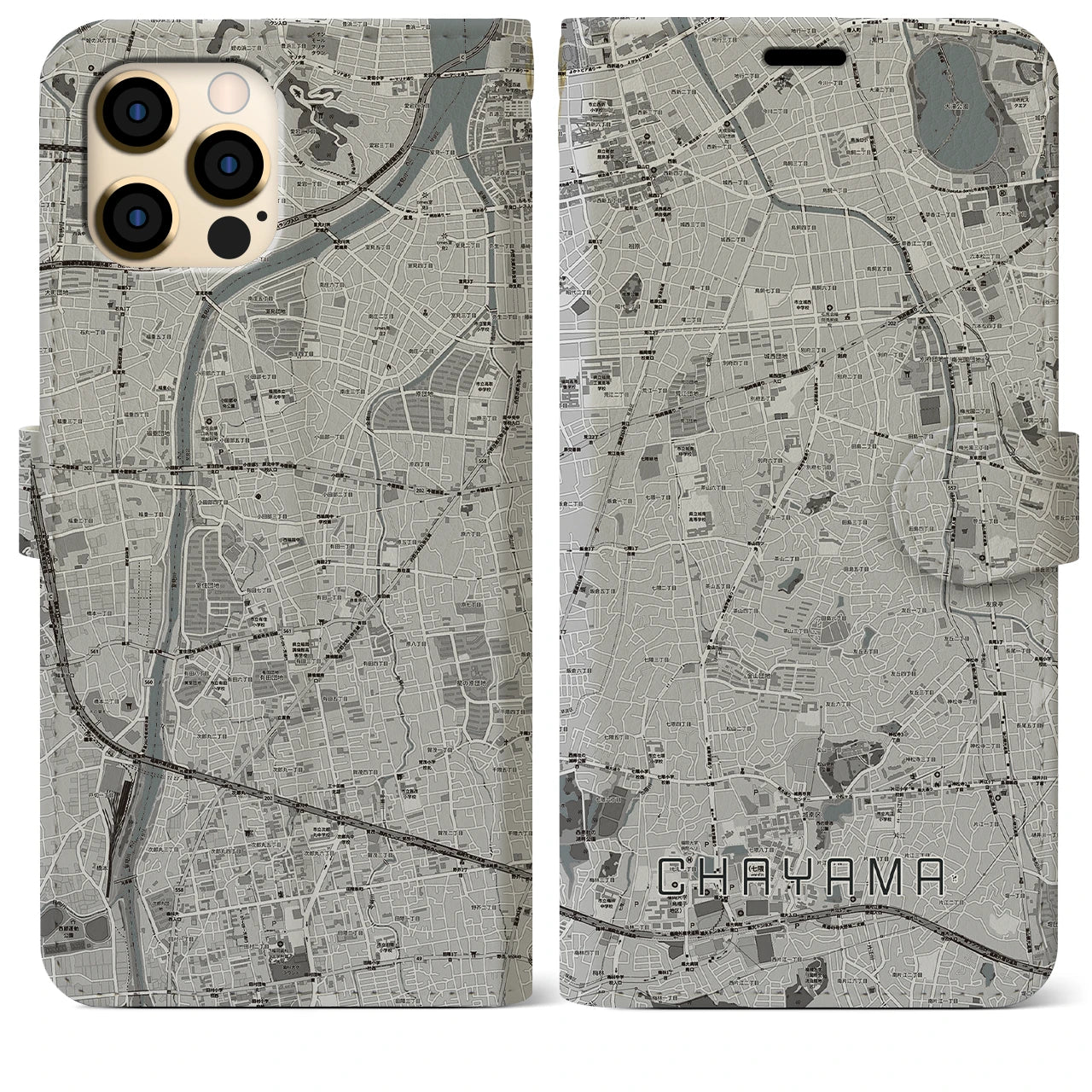 【茶山】地図柄iPhoneケース（手帳両面タイプ・モノトーン）iPhone 12 Pro Max 用