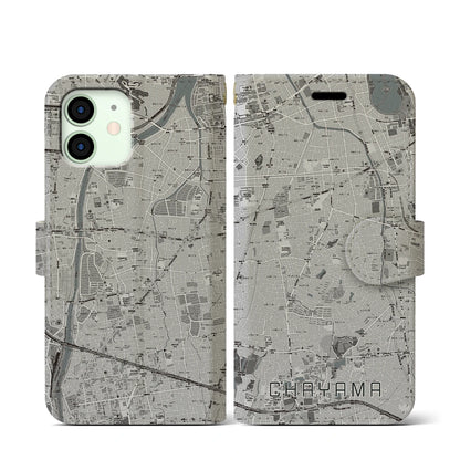 【茶山（福岡県）】地図柄iPhoneケース（手帳タイプ）モノトーン・iPhone 12 mini 用