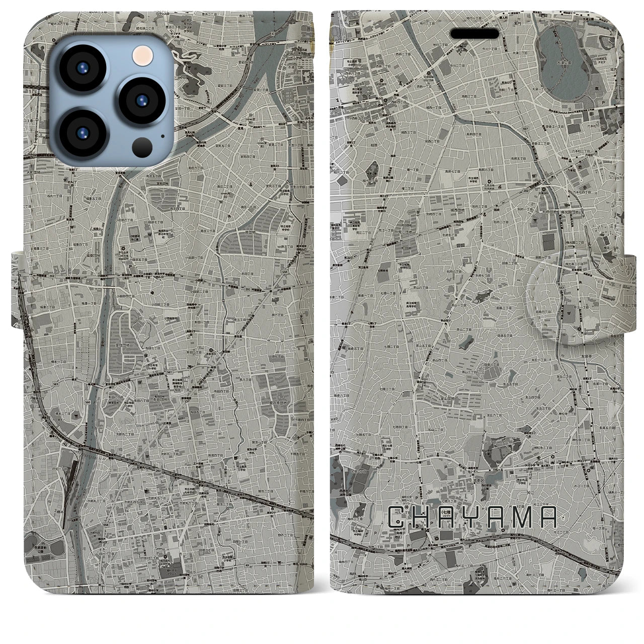 【茶山】地図柄iPhoneケース（手帳両面タイプ・モノトーン）iPhone 13 Pro Max 用