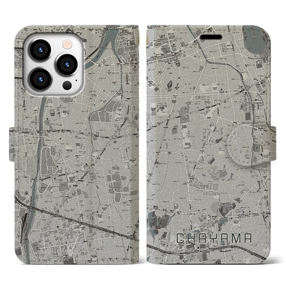 【茶山（福岡県）】地図柄iPhoneケース（手帳タイプ）モノトーン・iPhone 13 Pro 用