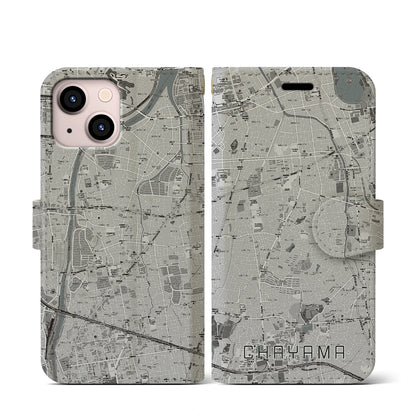 【茶山（福岡県）】地図柄iPhoneケース（手帳タイプ）モノトーン・iPhone 13 mini 用