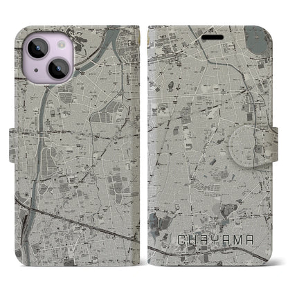 【茶山（福岡県）】地図柄iPhoneケース（手帳タイプ）モノトーン・iPhone 14 用