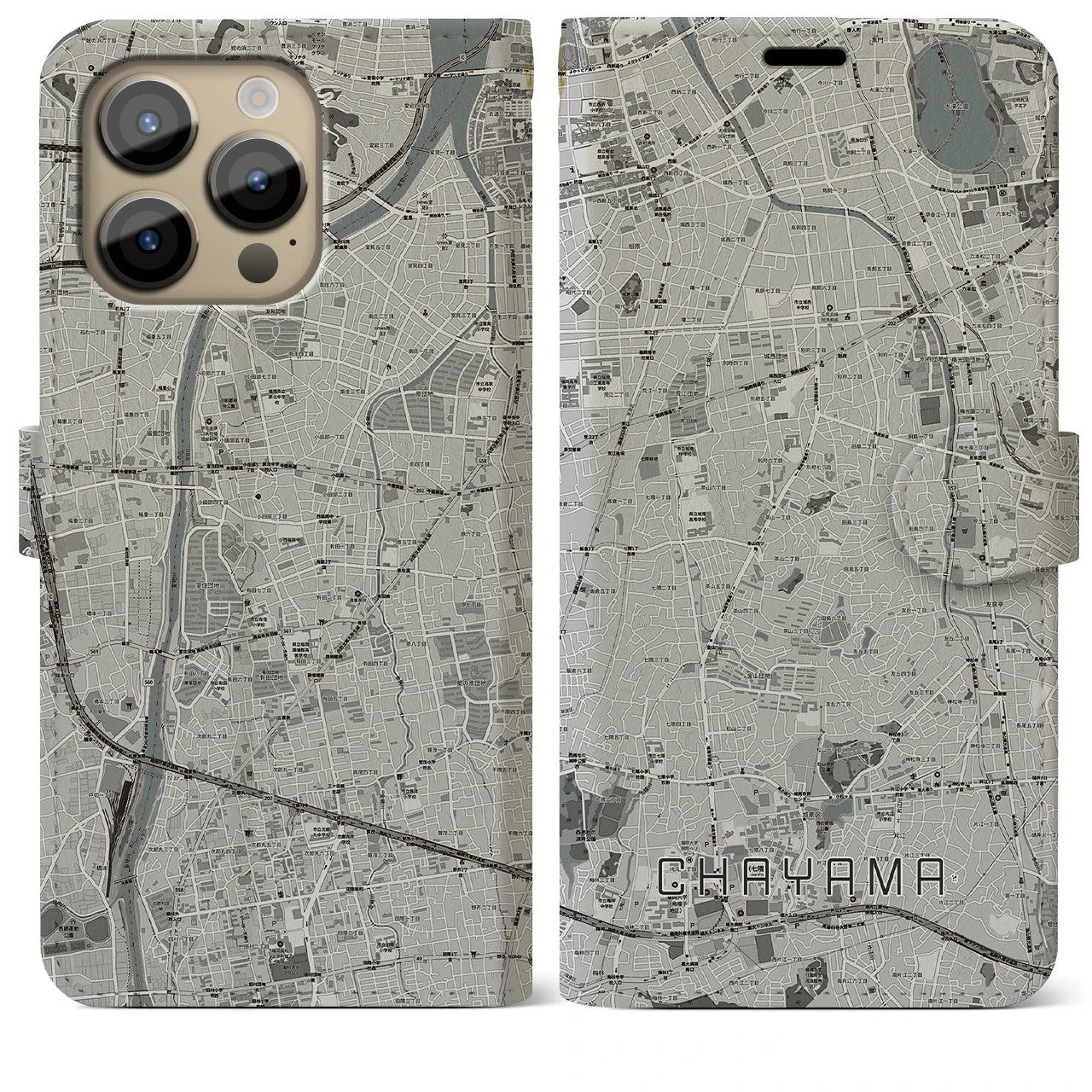 【茶山】地図柄iPhoneケース（手帳両面タイプ・モノトーン）iPhone 14 Pro Max 用