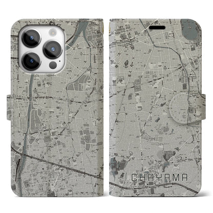 【茶山（福岡県）】地図柄iPhoneケース（手帳タイプ）モノトーン・iPhone 14 Pro 用