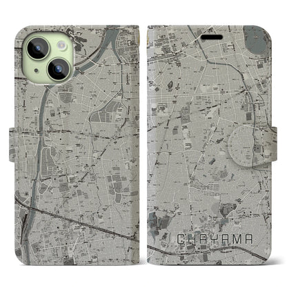 【茶山（福岡県）】地図柄iPhoneケース（手帳タイプ）モノトーン・iPhone 15 用