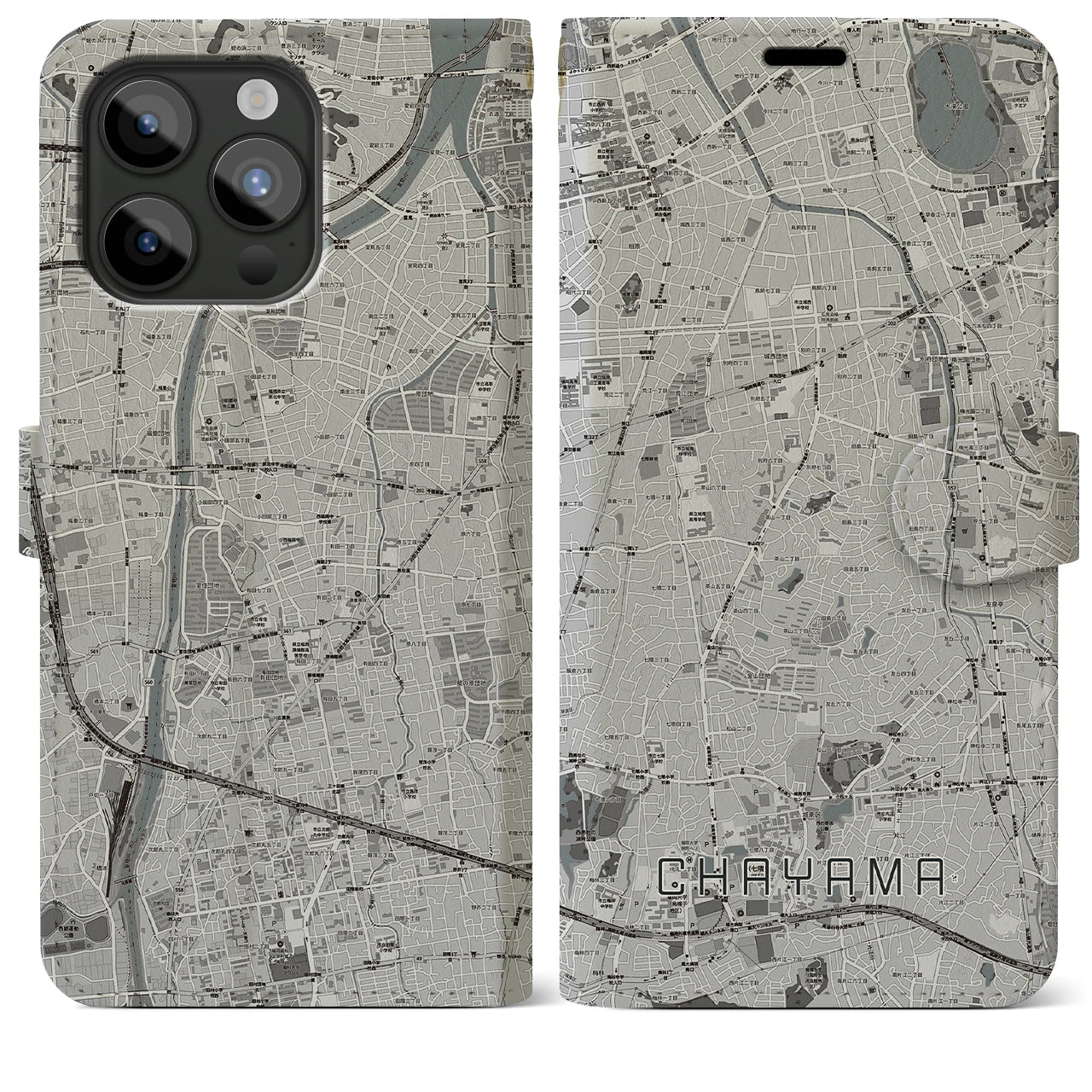 【茶山】地図柄iPhoneケース（手帳両面タイプ・モノトーン）iPhone 15 Pro Max 用