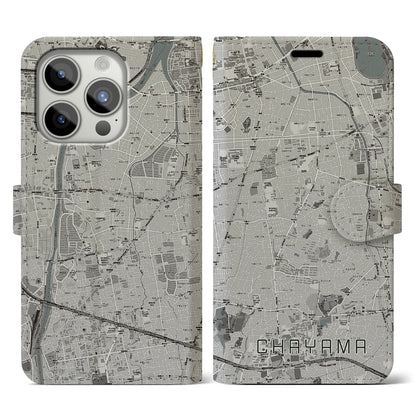 【茶山（福岡県）】地図柄iPhoneケース（手帳タイプ）モノトーン・iPhone 15 Pro 用