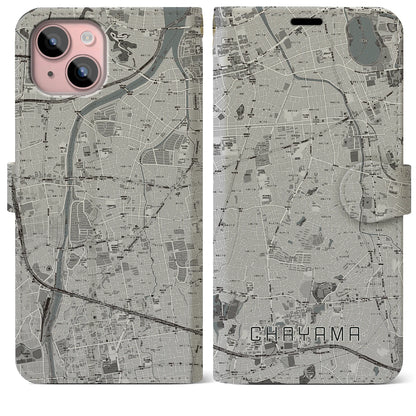 【茶山（福岡県）】地図柄iPhoneケース（手帳タイプ）モノトーン・iPhone 15 Plus 用