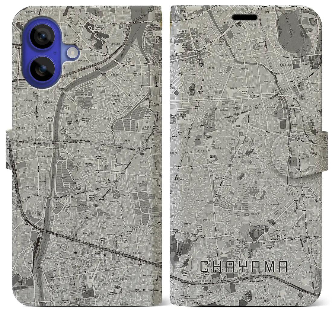 【茶山(福岡県)】地図柄iPhoneケース(手帳タイプ)モノトーン・iPhone 16 Pro Max 用