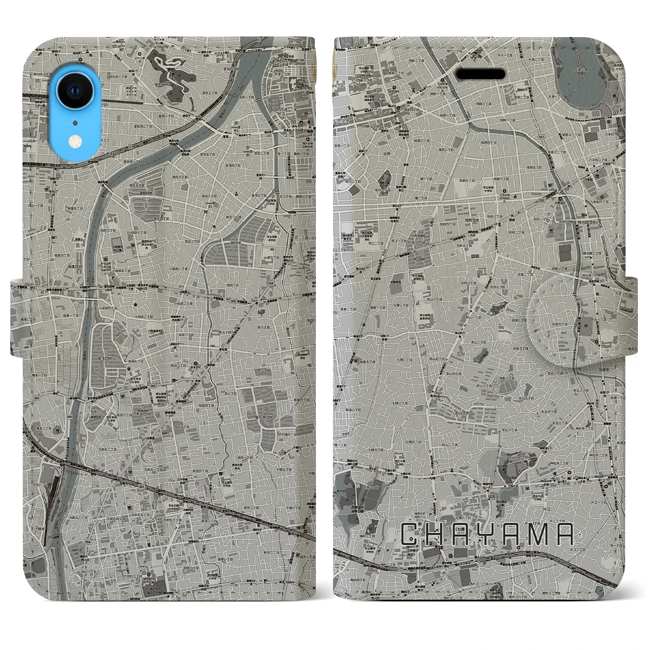 【茶山】地図柄iPhoneケース（手帳両面タイプ・モノトーン）iPhone XR 用