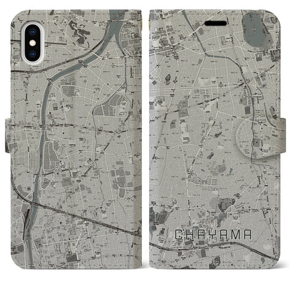 【茶山（福岡県）】地図柄iPhoneケース（手帳タイプ）モノトーン・iPhone XS Max 用