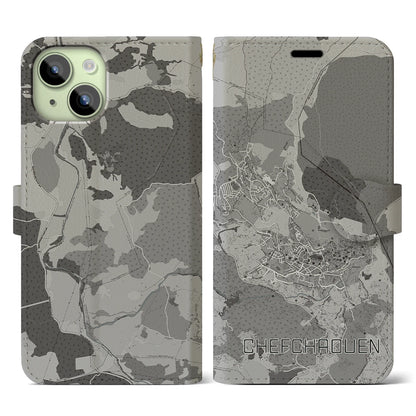 【シャウエン（モロッコ）】地図柄iPhoneケース（手帳タイプ）モノトーン・iPhone 15 用