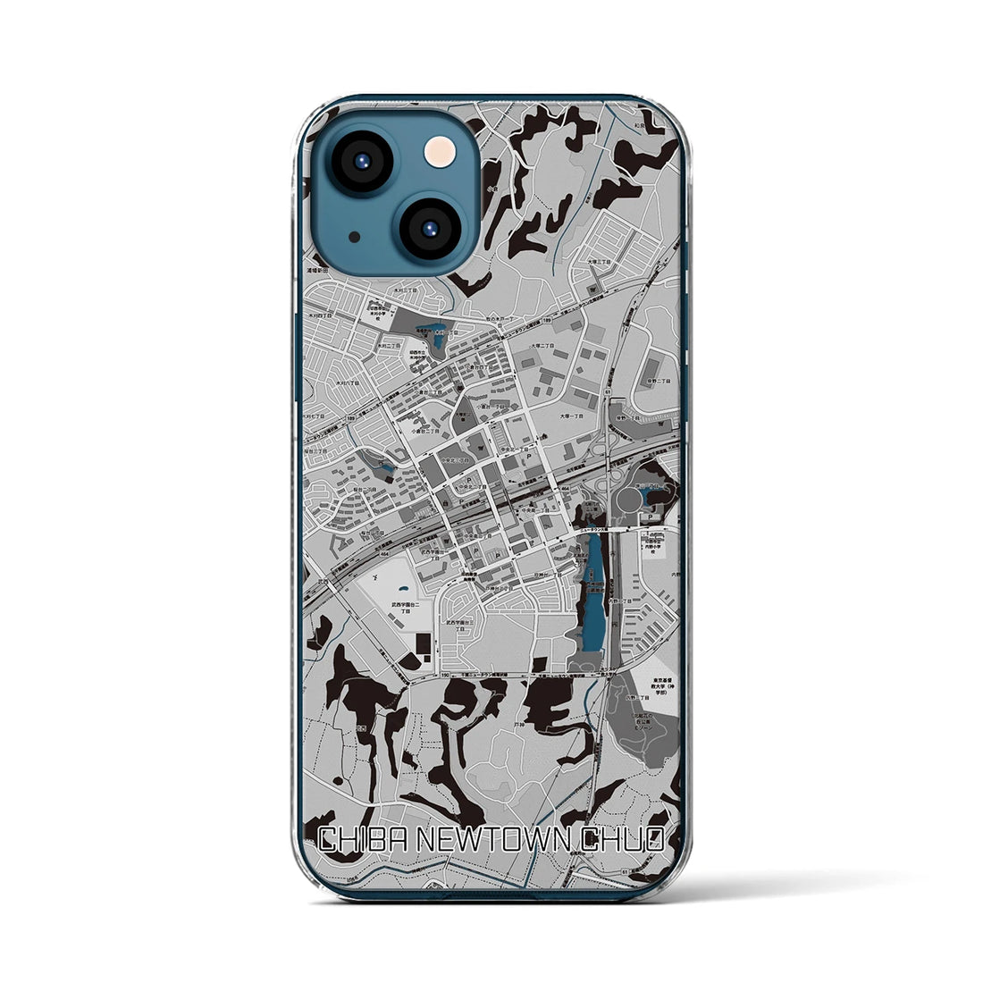 【千葉ニュータウン中央(千葉県)】地図柄iPhoneケース(クリアタイプ)モノトーン・iPhone 13 用