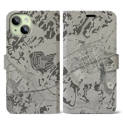 【千葉ニュータウン中央（千葉県）】地図柄iPhoneケース（手帳タイプ）モノトーン・iPhone 15 用