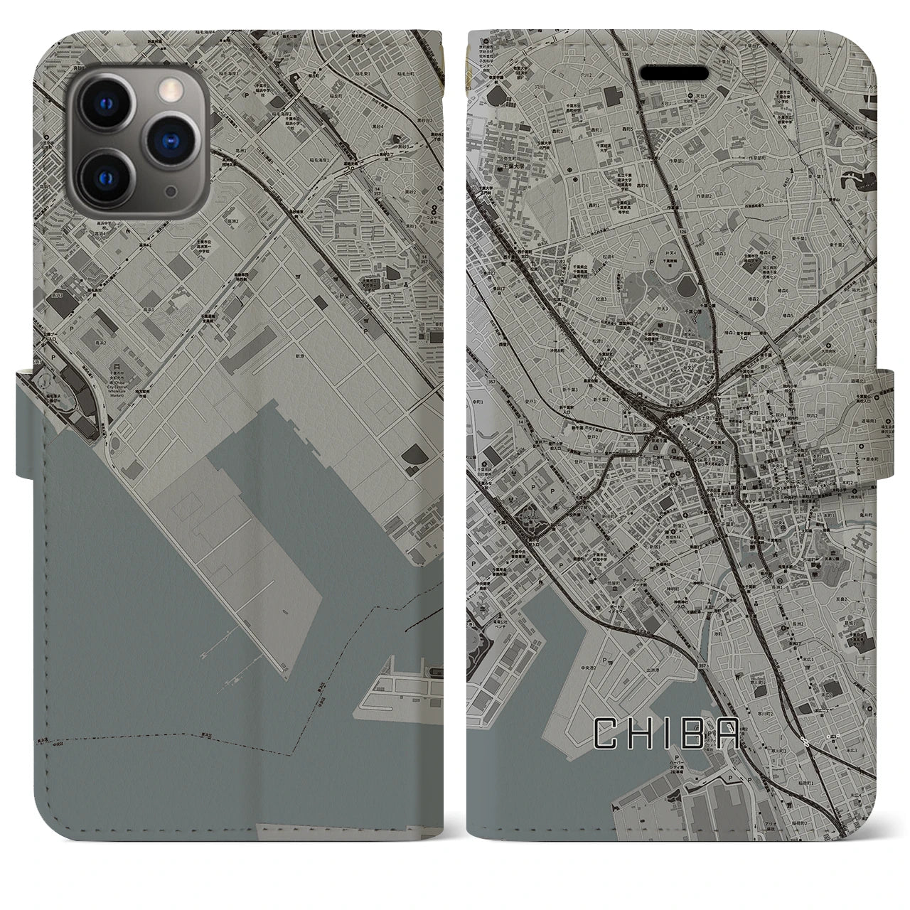 【千葉】地図柄iPhoneケース（手帳両面タイプ・モノトーン）iPhone 11 Pro Max 用