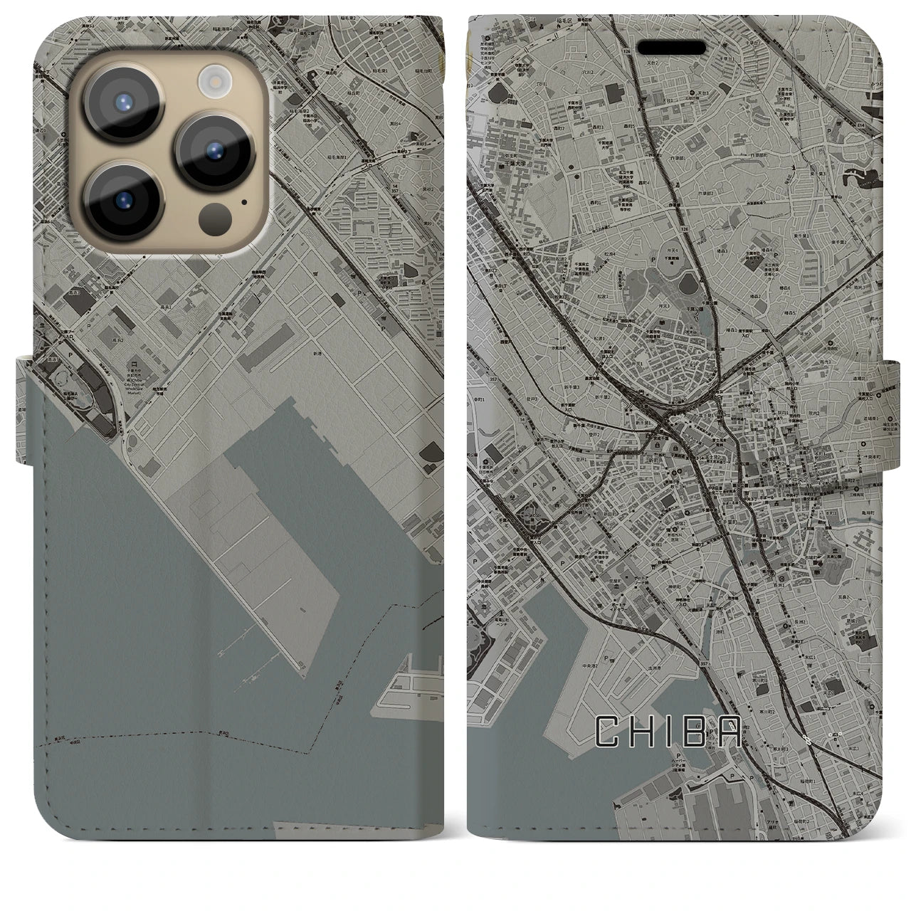 【千葉】地図柄iPhoneケース（手帳両面タイプ・モノトーン）iPhone 14 Pro Max 用