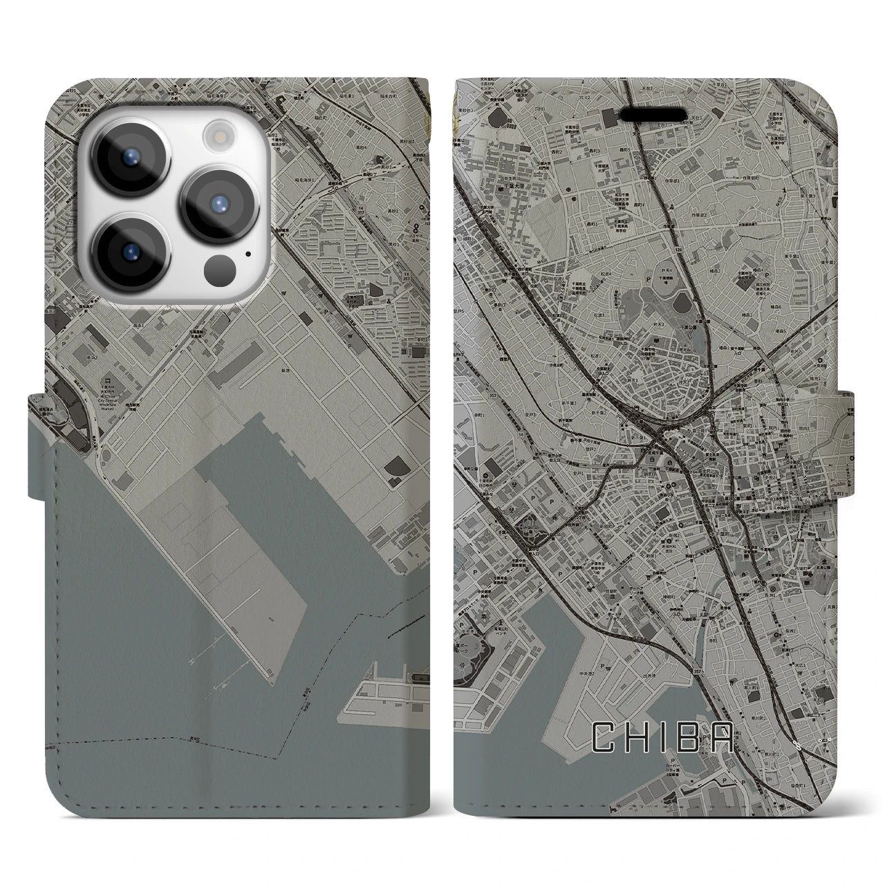 【千葉】地図柄iPhoneケース（手帳両面タイプ・モノトーン）iPhone 14 Pro 用