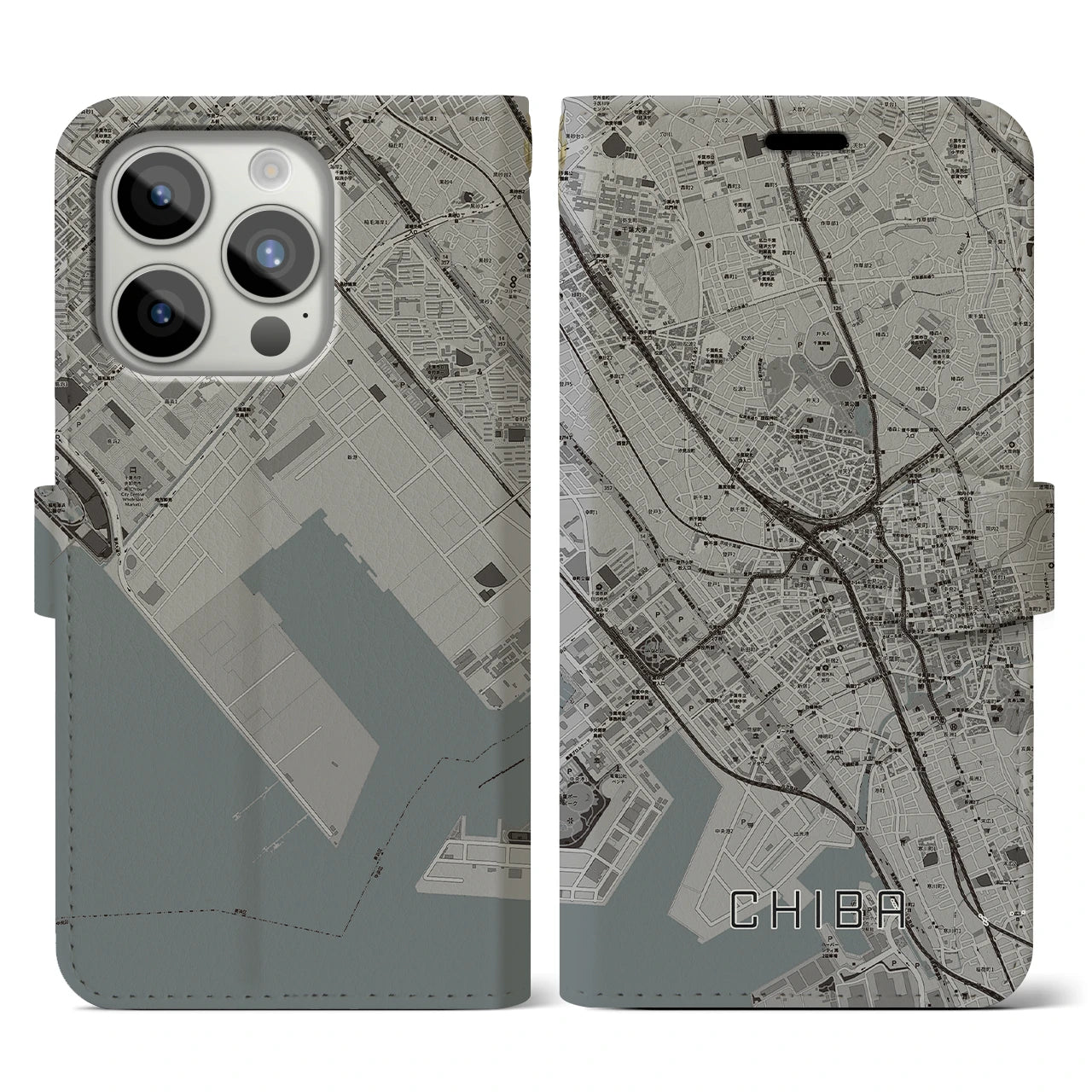 【千葉】地図柄iPhoneケース（手帳両面タイプ・モノトーン）iPhone 15 Pro 用
