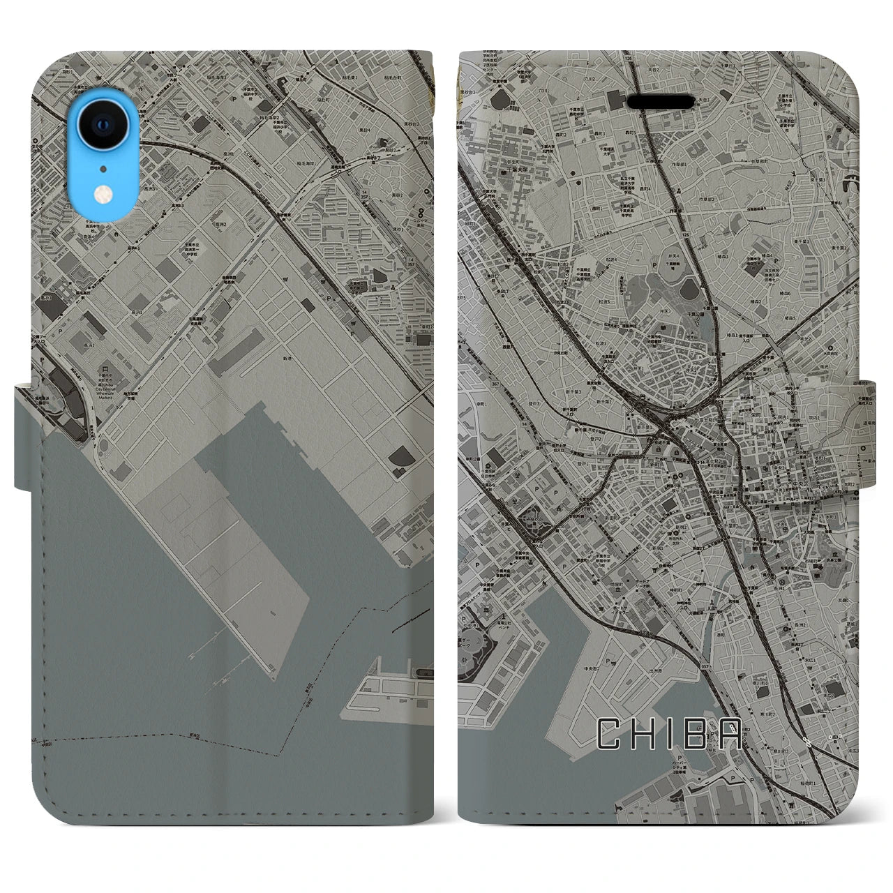 【千葉】地図柄iPhoneケース（手帳両面タイプ・モノトーン）iPhone XR 用