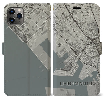 【千葉みなと（千葉県）】地図柄iPhoneケース（手帳タイプ）モノトーン・iPhone 11 Pro Max 用
