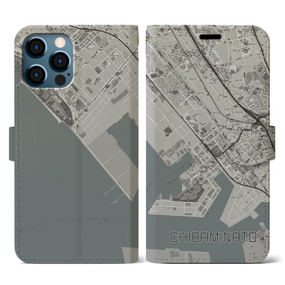 【千葉みなと（千葉県）】地図柄iPhoneケース（手帳タイプ）モノトーン・iPhone 12 / 12 Pro 用