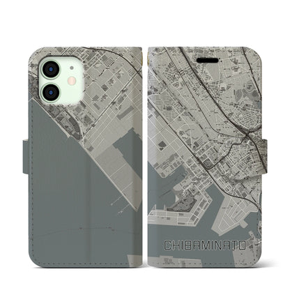 【千葉みなと（千葉県）】地図柄iPhoneケース（手帳タイプ）モノトーン・iPhone 12 mini 用