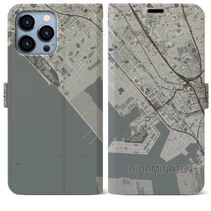 【千葉みなと（千葉県）】地図柄iPhoneケース（手帳タイプ）モノトーン・iPhone 13 Pro Max 用