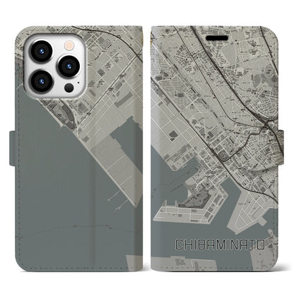 【千葉みなと（千葉県）】地図柄iPhoneケース（手帳タイプ）モノトーン・iPhone 13 Pro 用