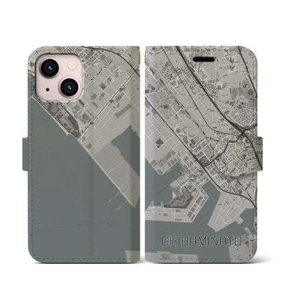 【千葉みなと（千葉県）】地図柄iPhoneケース（手帳タイプ）モノトーン・iPhone 13 mini 用