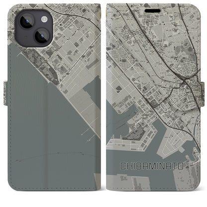 【千葉みなと（千葉県）】地図柄iPhoneケース（手帳タイプ）モノトーン・iPhone 14 Plus 用