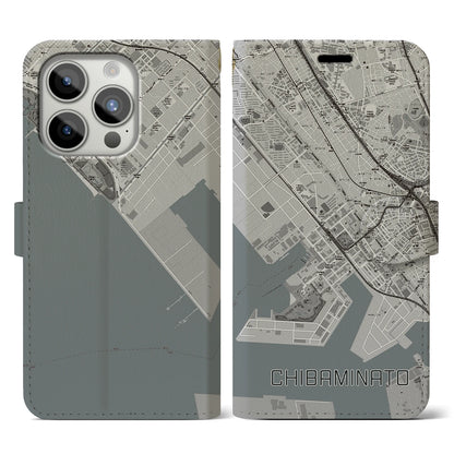 【千葉みなと（千葉県）】地図柄iPhoneケース（手帳タイプ）モノトーン・iPhone 15 Pro 用