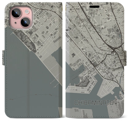 【千葉みなと（千葉県）】地図柄iPhoneケース（手帳タイプ）モノトーン・iPhone 15 Plus 用