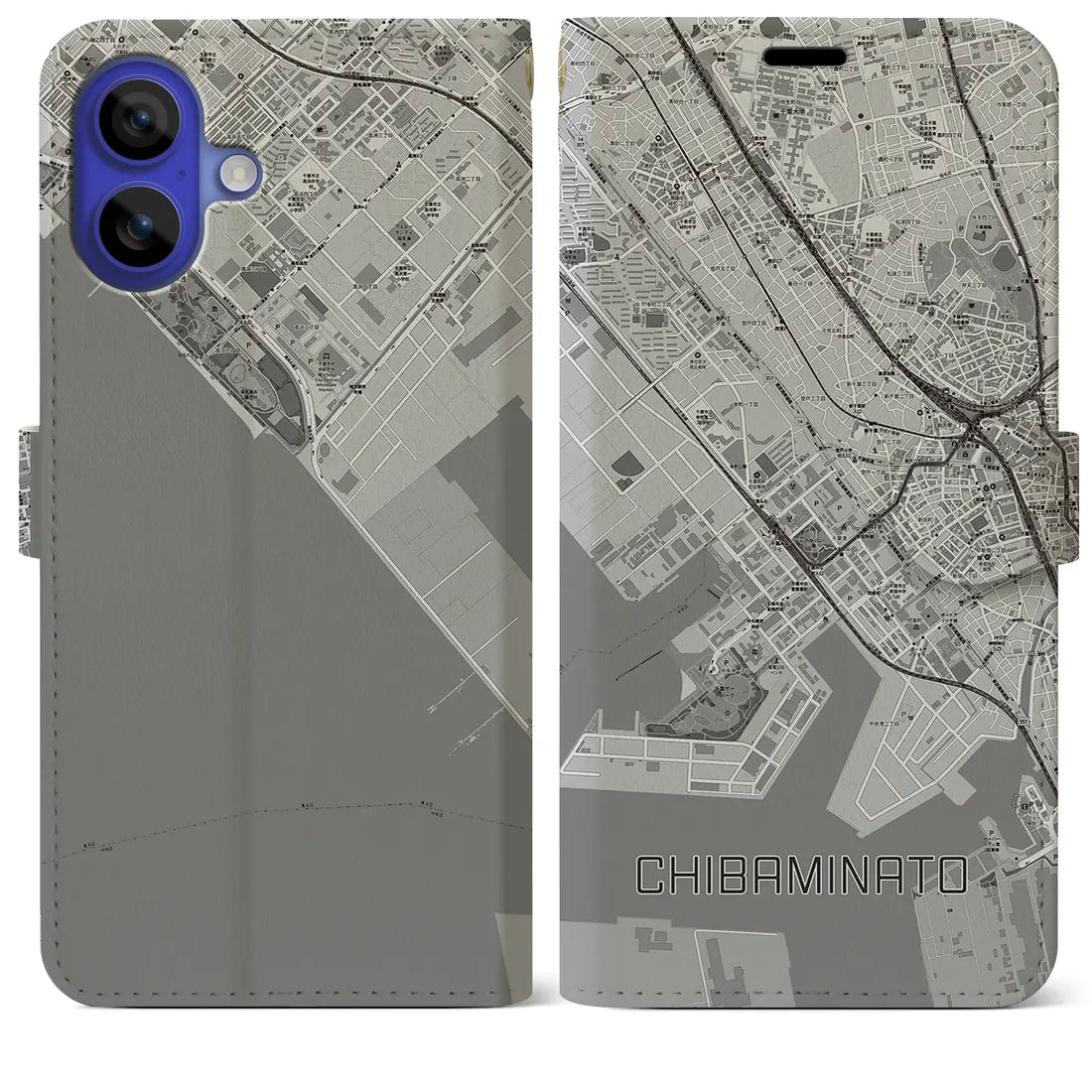 【千葉みなと(千葉県)】地図柄iPhoneケース(手帳タイプ)モノトーン・iPhone 16 Pro Max 用