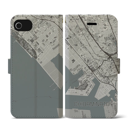 【千葉みなと（千葉県）】地図柄iPhoneケース（手帳タイプ）モノトーン・iPhone SE（第3 / 第2世代） / 8 / 7 / 6s / 6 用