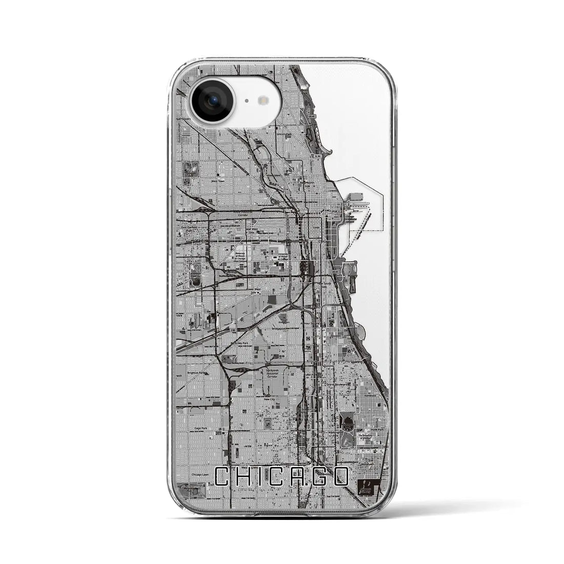 【シカゴ（アメリカ）】地図柄iPhoneケース（クリアタイプ）モノトーン・iPhone 16e 用