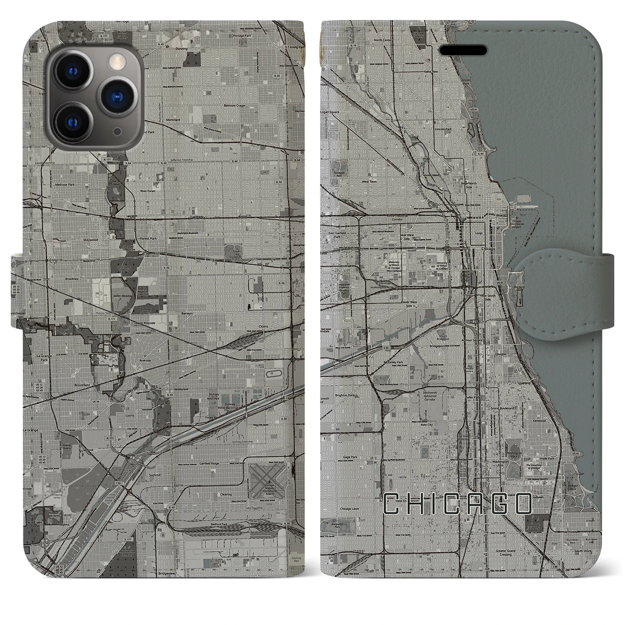 【シカゴ】地図柄iPhoneケース（手帳両面タイプ・モノトーン）iPhone 11 Pro Max 用