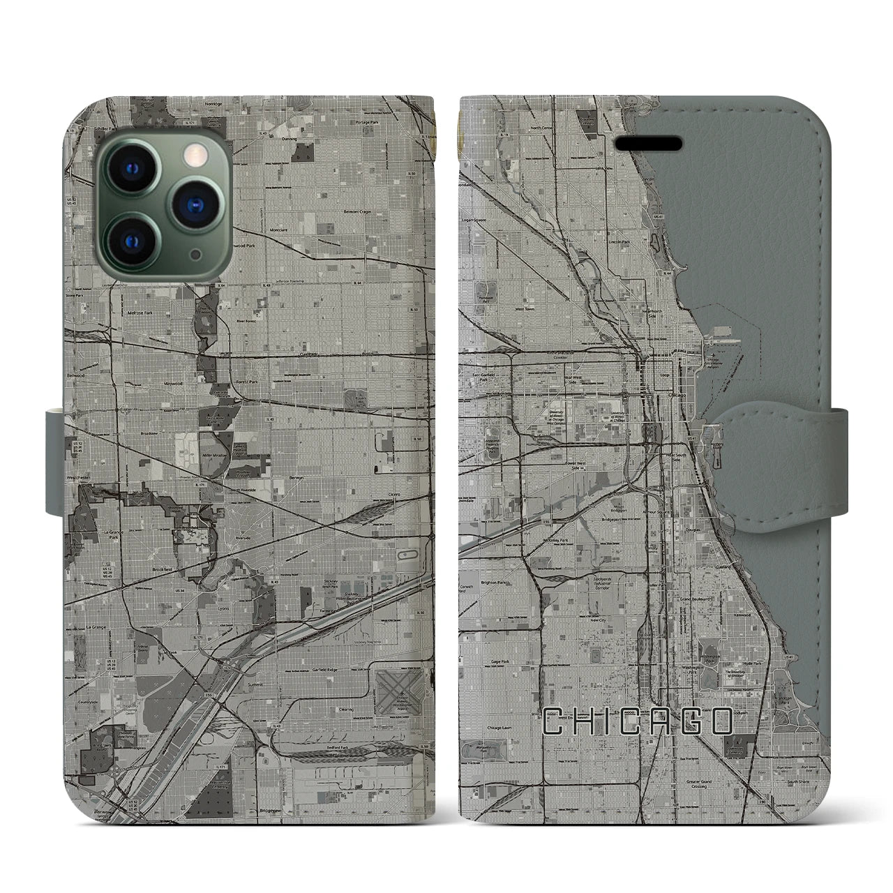 【シカゴ】地図柄iPhoneケース（手帳両面タイプ・モノトーン）iPhone 11 Pro 用