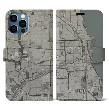 【シカゴ（アメリカ）】地図柄iPhoneケース（手帳タイプ）モノトーン・iPhone 12 / 12 Pro 用