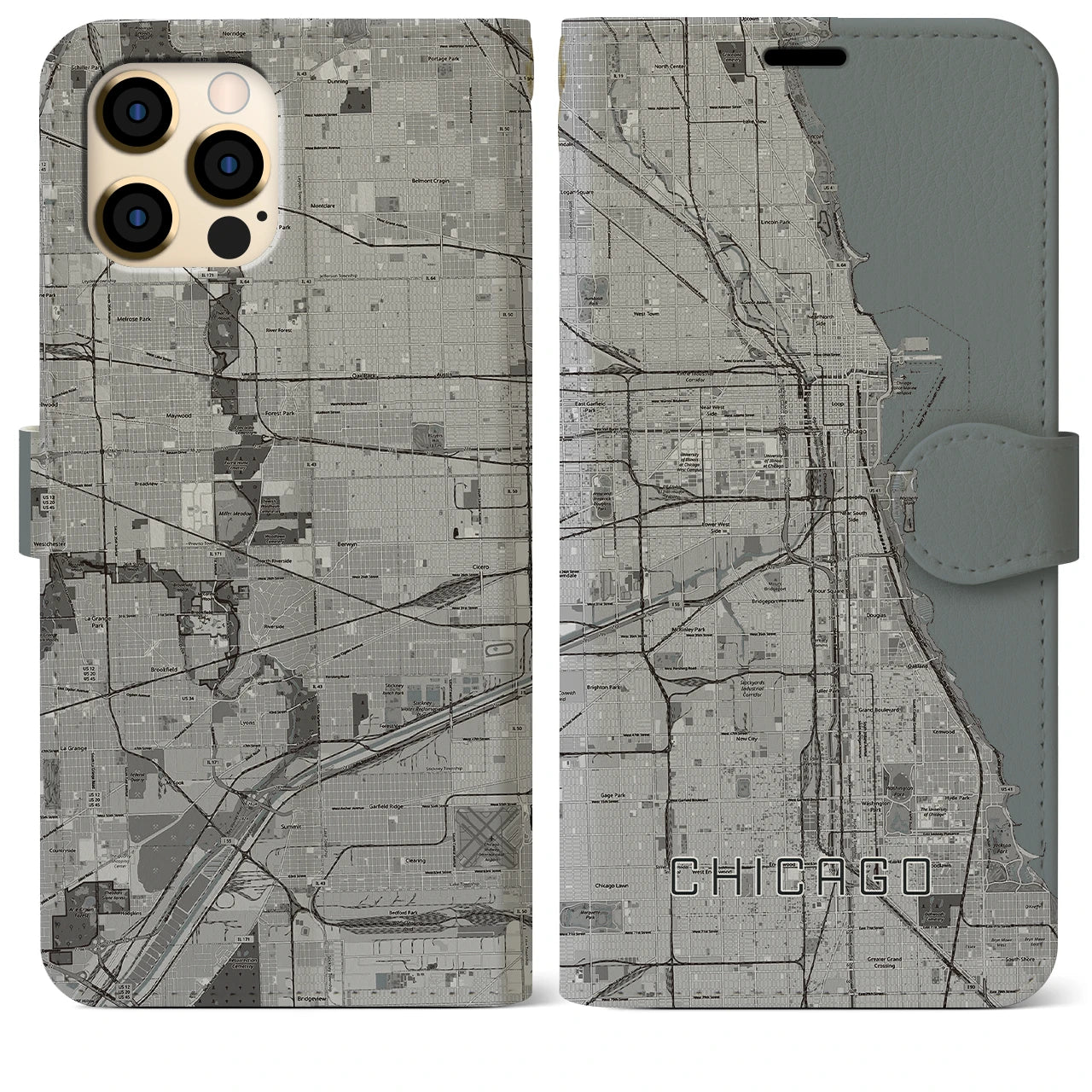 【シカゴ】地図柄iPhoneケース（手帳両面タイプ・モノトーン）iPhone 12 Pro Max 用