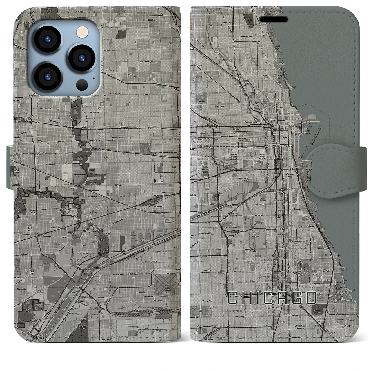 【シカゴ】地図柄iPhoneケース（手帳両面タイプ・モノトーン）iPhone 13 Pro Max 用