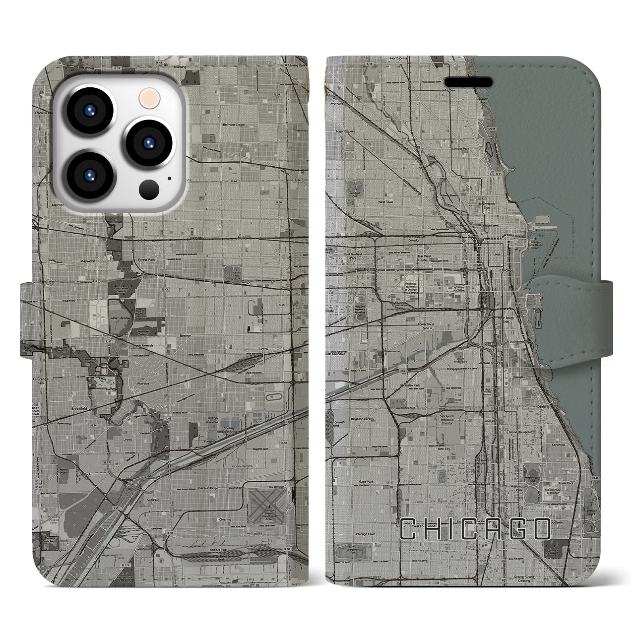 【シカゴ】地図柄iPhoneケース（手帳両面タイプ・モノトーン）iPhone 13 Pro 用