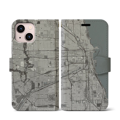 【シカゴ（アメリカ）】地図柄iPhoneケース（手帳タイプ）モノトーン・iPhone 13 mini 用