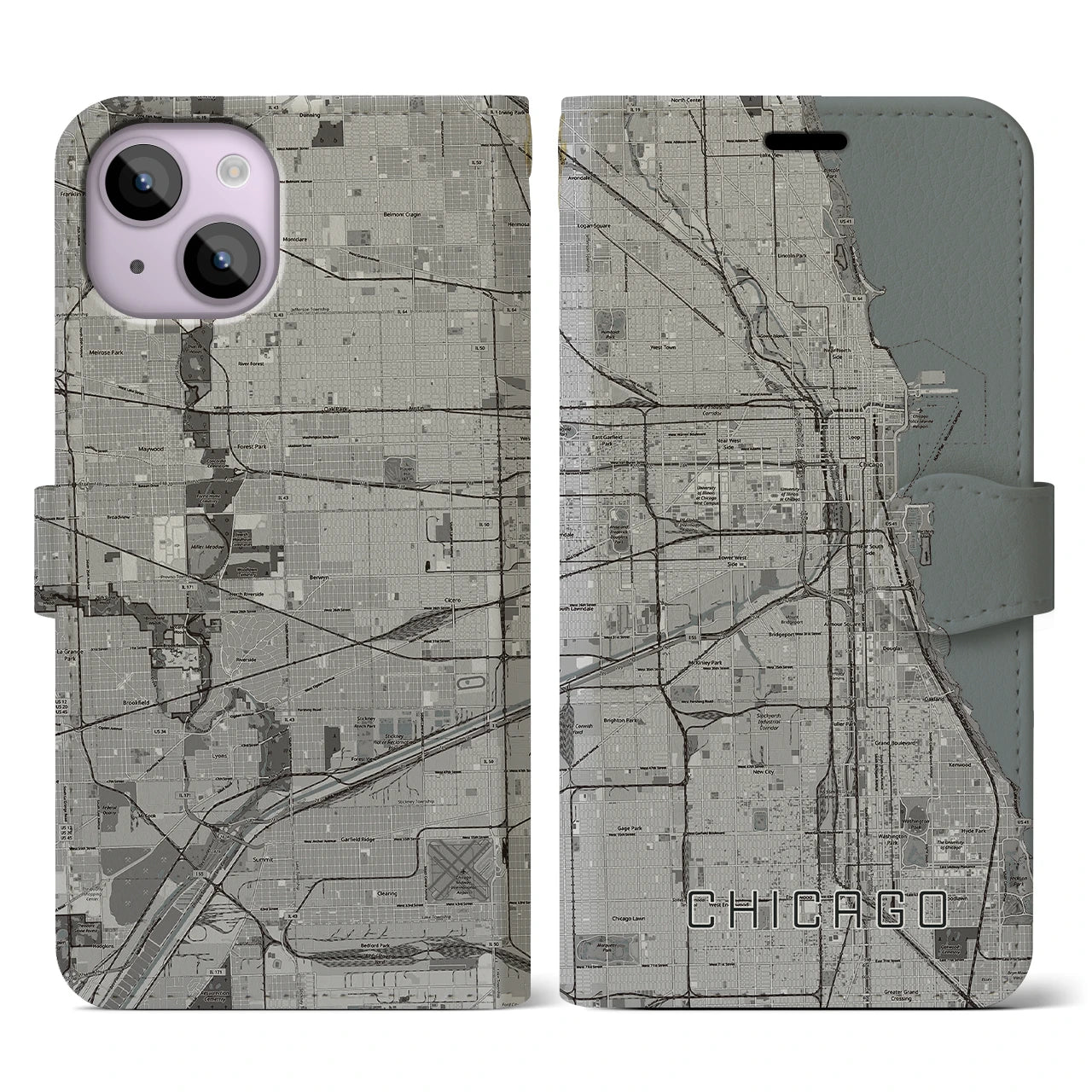 【シカゴ】地図柄iPhoneケース（手帳両面タイプ・モノトーン）iPhone 14 用