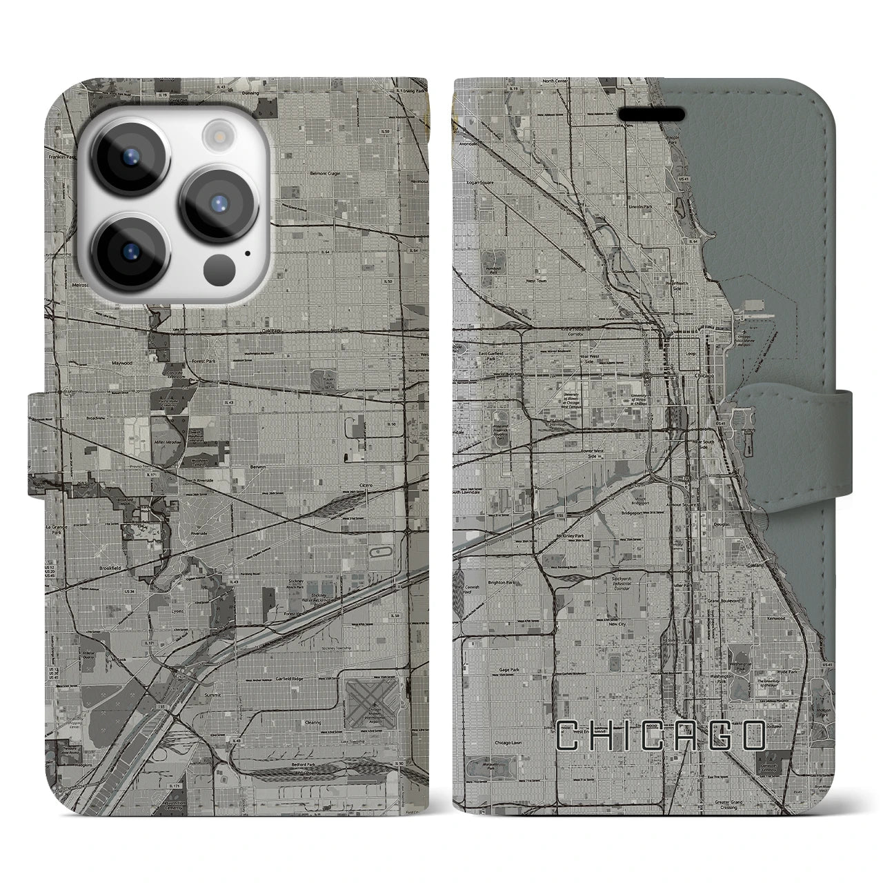 【シカゴ】地図柄iPhoneケース（手帳両面タイプ・モノトーン）iPhone 14 Pro 用