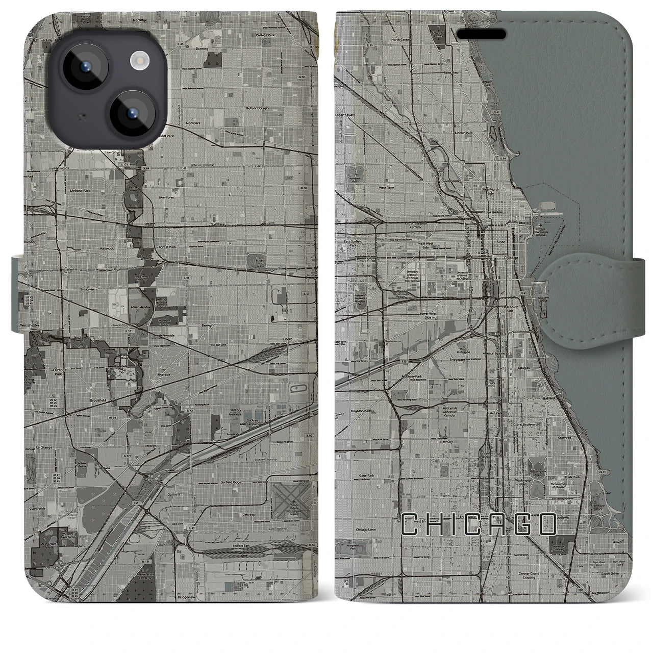 【シカゴ】地図柄iPhoneケース（手帳両面タイプ・モノトーン）iPhone 14 Plus 用