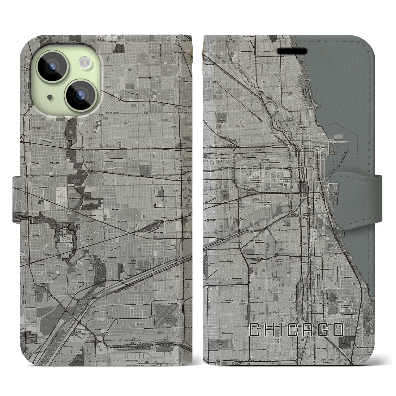 【シカゴ】地図柄iPhoneケース（手帳両面タイプ・モノトーン）iPhone 15 用