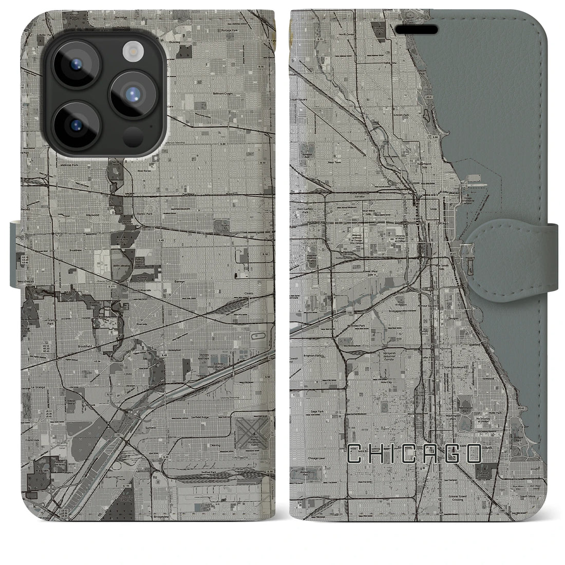 【シカゴ】地図柄iPhoneケース（手帳両面タイプ・モノトーン）iPhone 15 Pro Max 用